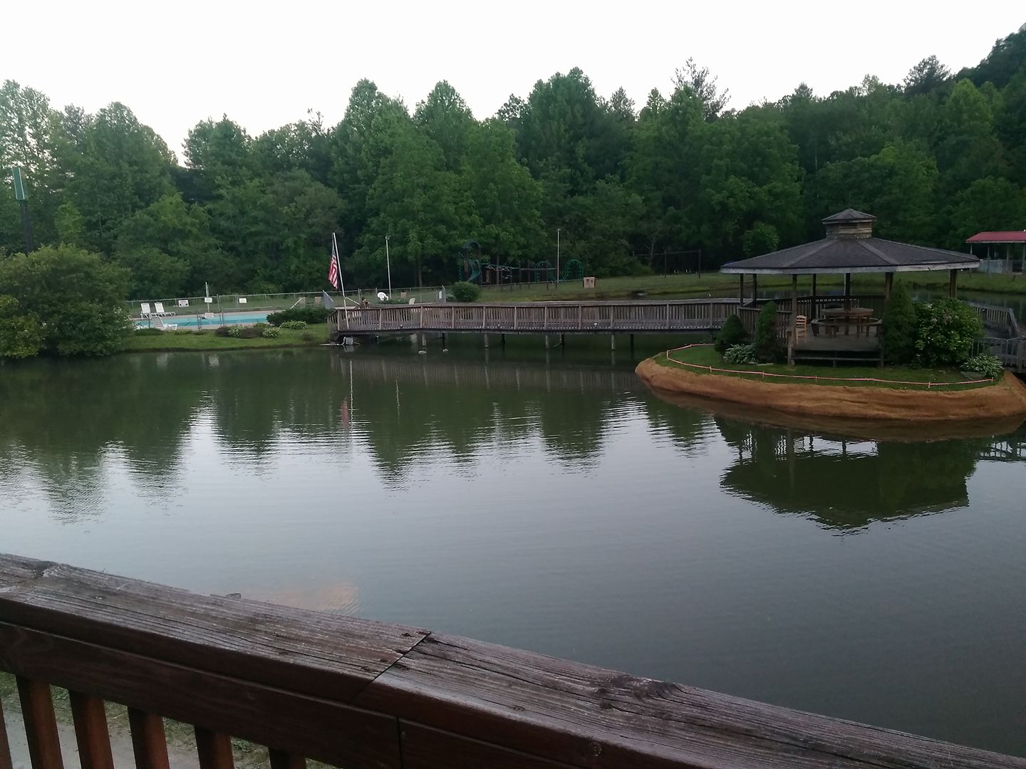 Pond with wooden bridge